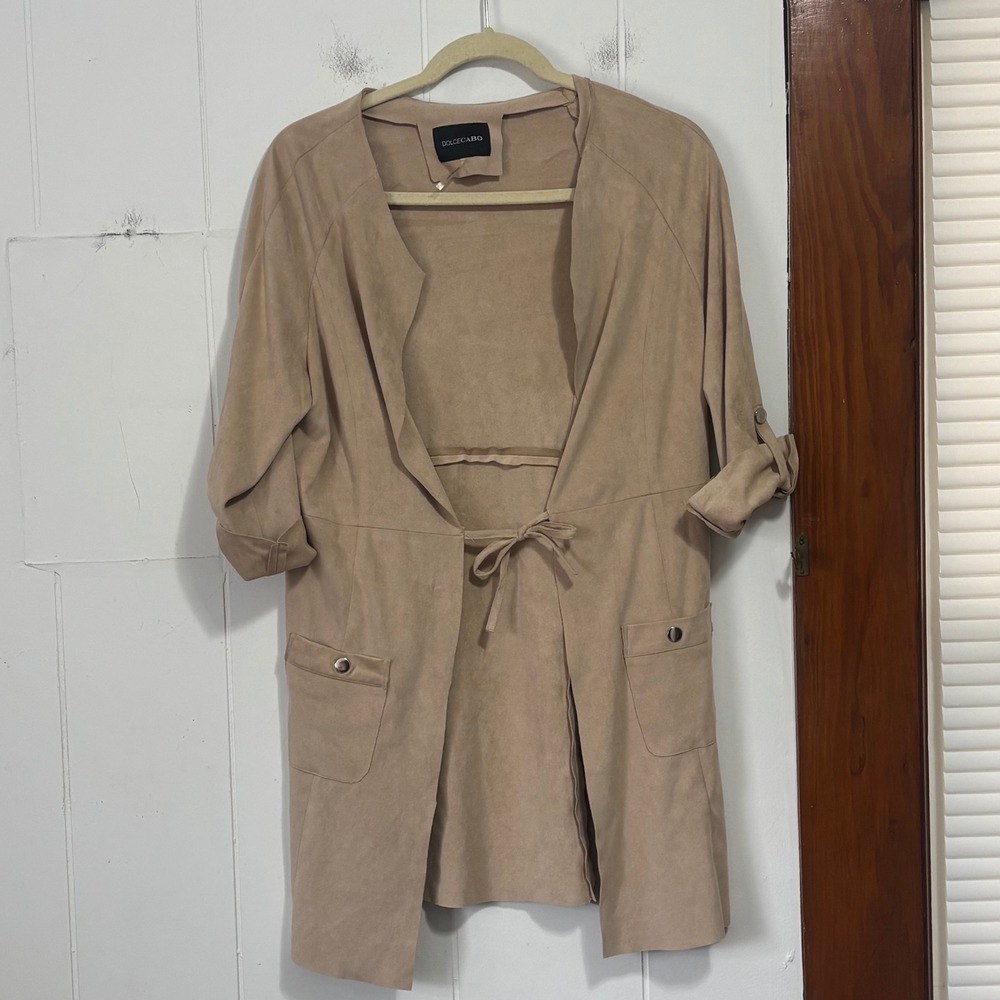 Dolce Cabo Tan‎ Faux Suede Duster Jacket Roll Tab Sleeve Waist Tie Womens XS